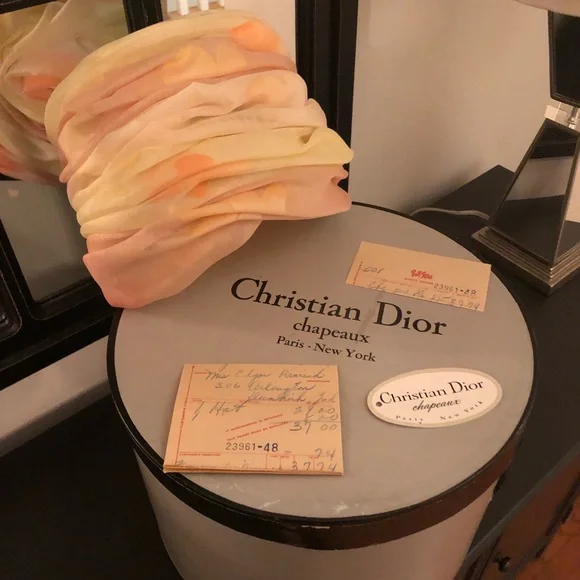 Vintage Christian Dior Chapeaux Turban, tag and original receipt. 1960s Christian Dior Orange Silk Printed Turban Hat - Etsy main image 2